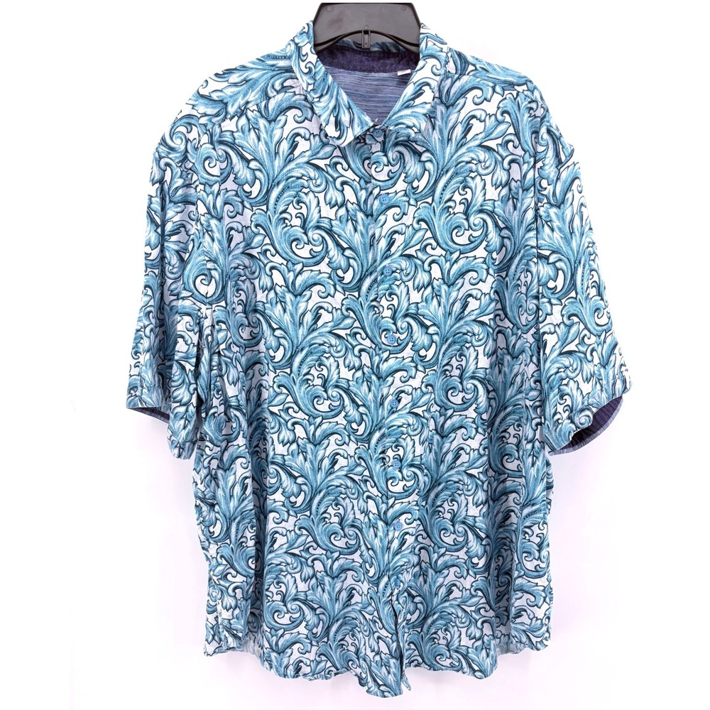 Robert Graham Mens 3XLT Blue White Scroll Print Short Sleeve Button Down Shirt